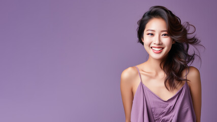 Asian woman model wear a purple sundress isolated on pastel background