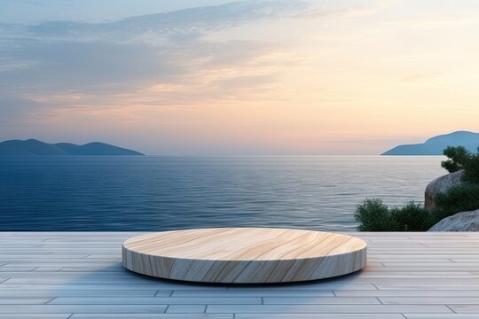White podium stage on the wooden deck with sea salt beach and dawn twilight golden hour sky background.