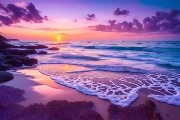 Papier Peint photo Destinations Nature in twilight period which including of sunrise over the sea and the nice beach. Summer beach with blue water and purple sky at the sunset 