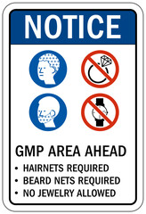 Food preparation and production sign and labels GMP area ahead