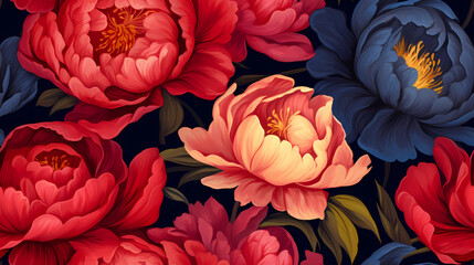 Vibrant Peony Blossoms with a Midnight Blue Background