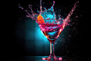 cocktail in glass with splashes,Cocktail Glass with splashing water alcohol, Crystal Cocktail drink splatter splash in air and bubble from glass. - obrazy, fototapety, plakaty