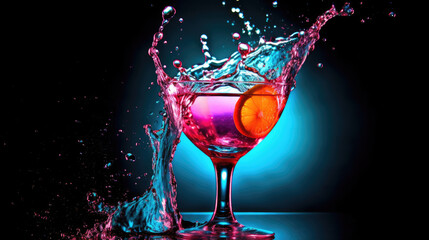 cocktail in glass with splashes,Cocktail Glass with splashing water alcohol, Crystal Cocktail drink splatter splash in air and bubble from glass.