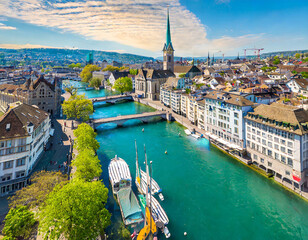 Aerial view of Zürich city center with river Limmat, Switzerland