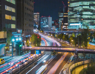 Fototapeta na wymiar A night timelapse of traffic jam at the bus rotary of the downtown in Tokyo wide