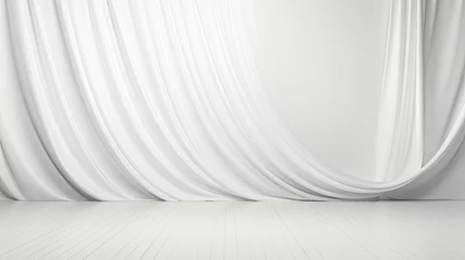 Fotobehang white silk satin. Draped fabric. white color. Luxury background. Space for design. Template. Flat lay, top view table. Web banner. Christmas,wedding, award, reward., golden wave background   © Planetz