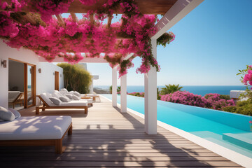 beautiful patio with blooming bougainvillea and pool. Mediterranean resort - obrazy, fototapety, plakaty