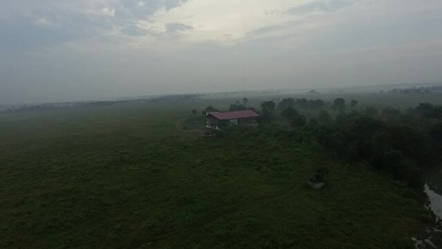 Natural scenery, above Way Kambas Forest National Park. The fog-covered elephant hospital.