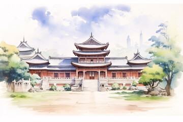 Retro Chinese style historical building illustration, traditional ancient building landmark cultural concept illustration