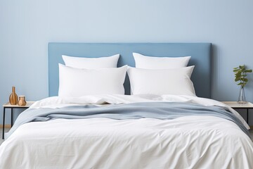 Bedroom with white bed linen on sofa bed bedding and bedside table Blue headboard with white pillows duvet and duvet case Front view