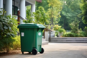 Big green trash bin in front of modern house with trees No public trash on road Focus on infectious control and waste disposal