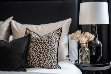 Black patterned pillows and a decorative table lamp enhance the stylish bedroom interior design