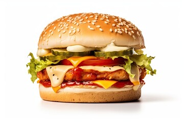 Chicken burger with ketchup cheese mayo on white background - obrazy, fototapety, plakaty