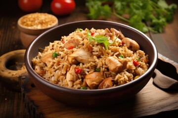 Fototapeta premium Chicken fried rice served in a wok with a wooden background from a bird s eye view