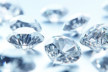 Close up of various cut and sized diamonds on light background casting shadows - Powered by Adobe