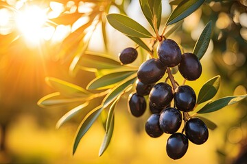 Close up view of ripe black olives on sunlit branches during olive tree harvest with available space for text