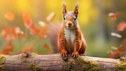 Red squirrel sitting on a tree trunk in the autumn forest and looking at the camera - obrazy, fototapety, plakaty