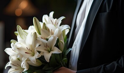 Closeup of a young man with white lilies by a casket at a funeral home - obrazy, fototapety, plakaty