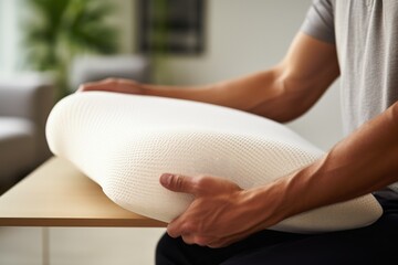 Closeup of man indoors with memory foam pillow for orthopedic support - obrazy, fototapety, plakaty