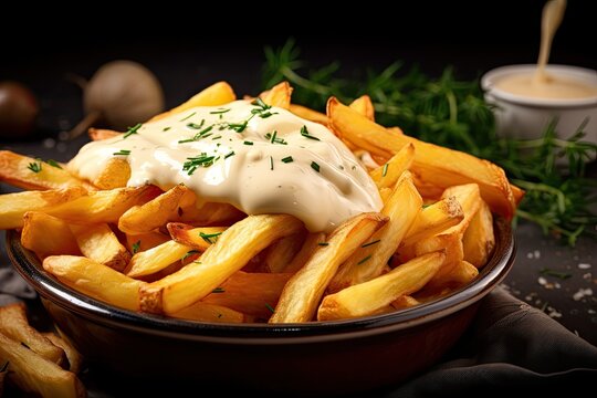 Close up of freshly cooked Belgian mayonnaise potato chips
