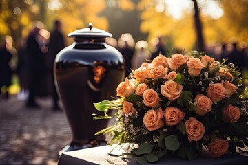 Decorated burial urn with ashes and flowers people mourn in background at sad farewell to the deceased - obrazy, fototapety, plakaty