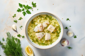 Delicious dietary lunch soup cod leek and rice broth on a marble background - obrazy, fototapety, plakaty