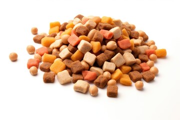 Delicious pet food on blank backdrop