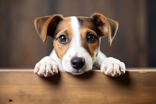Cute Jack Russell terrier with paws on table portrait
