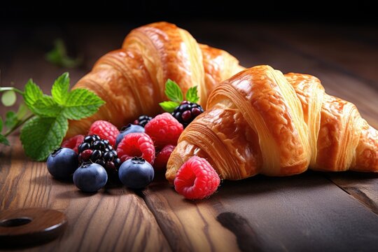 Delicious croissants with berries on a rustic background