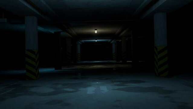 Empty parking lot with flickering lights animation. 3d rendering. Seamless loop.