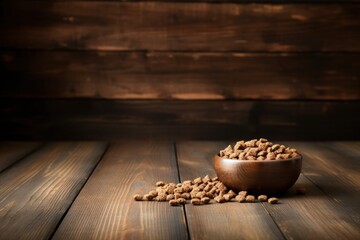 Dog food bowl and paws on dirty wooden floor - obrazy, fototapety, plakaty