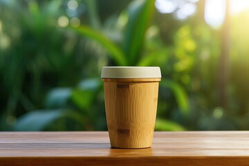 Eco friendly cup displayed on platform promoting sustainability