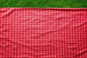 Empty space gingham tablecloth outdoors food advertisement design with red picnic blanket on green grass background - obrazy, fototapety, plakaty