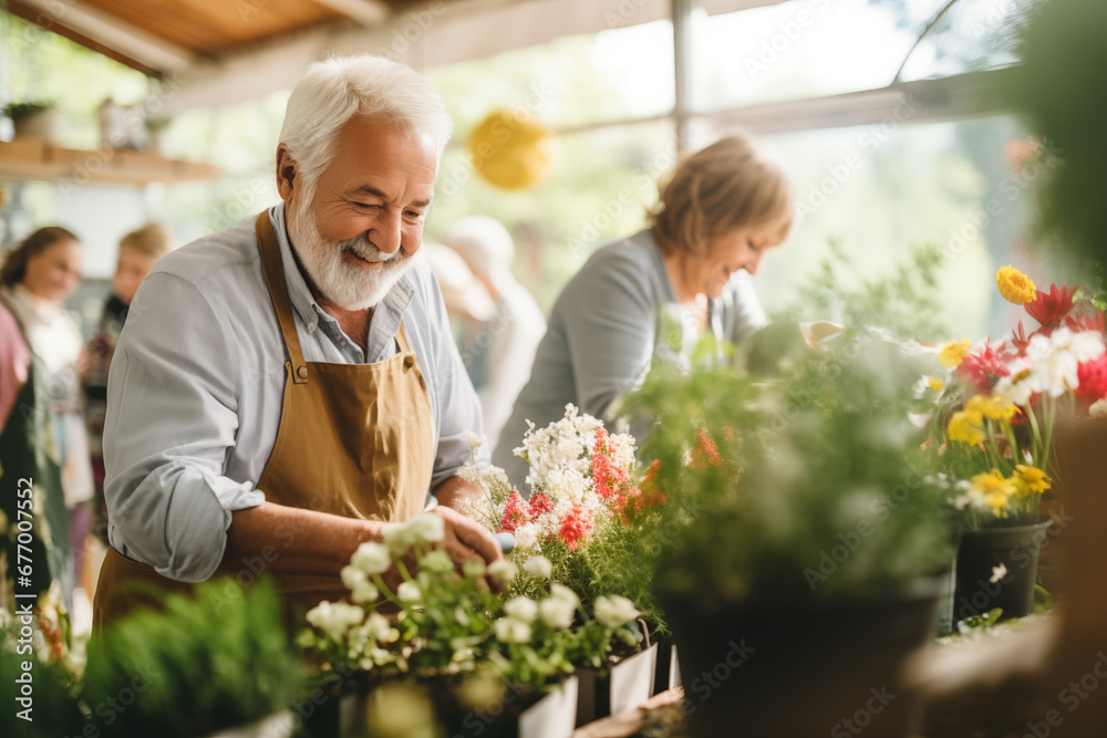 Wall mural Senior citizens engaging in a fulfilling hobby, such as gardening or painting, highlighting active aging and a sense of fulfillment