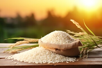 Healthy rice grains with sunset rice field backdrop and burlap sack on wooden table