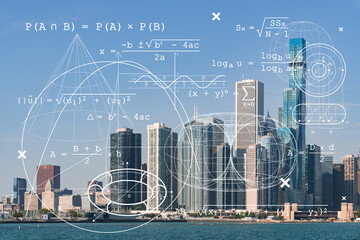 City view of Downtown skyscrapers of Chicago skyline panorama over Lake Michigan, harbor area, day time, Illinois, USA. Education concept. Academic research, top ranking universities, hologram - obrazy, fototapety, plakaty