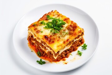 Italian Lasagna with bolognese and bachamel Sauce on white Background Hot Tasty Lasagna with Parmesan Cheese Restaurant menu recipe Top view copy space for text