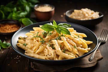 Italian Penne pasta with formaggio sauce and basil served on a white dish on a rustic wood table