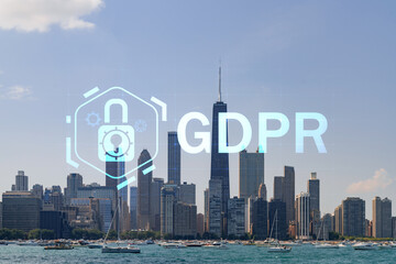 City view of Downtown skyscrapers of Chicago skyline panorama over Lake Michigan, harbor area, day time, Illinois, USA. GDPR hologram, concept of data protection regulation and privacy for individuals
