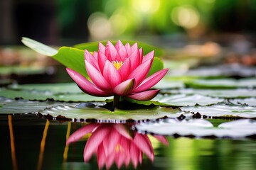 Selective photography of green lotus water lily reflected in a serene pool.