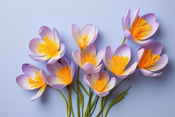 Obraz na płótnie Canvas Above view of lovely Saffron crocus blossoms on a pale violet backdrop.