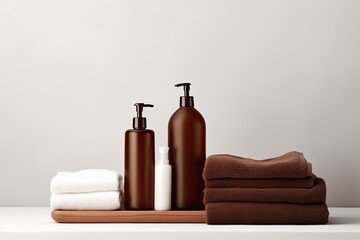 Front view of a brown bottle mockup for bathing products on a wooden podium, alongside spa shampoo, shower gel