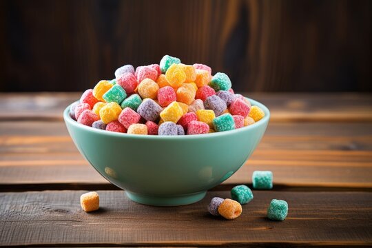 Colorful cereal in a bowl on aged wood.