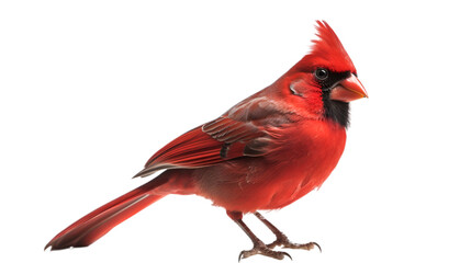 Side view, red Northern Cardinal sitting against transparent background.