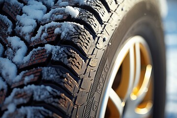 Close-up photo of winter tires in Finland, with centered numbers in focus and blurred front and back. Image has a strong effect. - obrazy, fototapety, plakaty