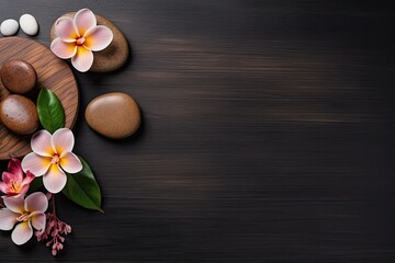 Eco-friendly spa set with pebbles, flowers, and wooden board, perfect for sauna or massage.