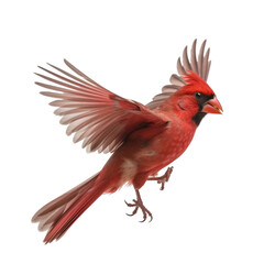 Fototapeta premium Side view of a red northern cardinal spreads its wings against transparent background. 