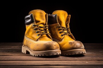Old yellow work boots isolated on white