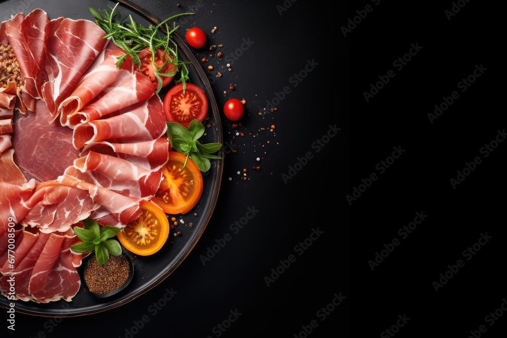 Sticker italian cured meats on a black background viewed from the top with text space