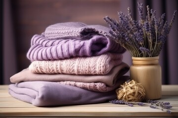 Fototapeta na wymiar Knitted clothes for winter with lavender protection